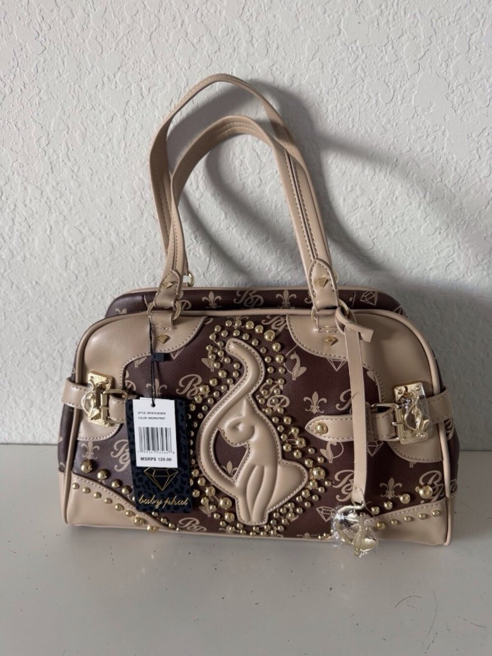 Baby Phat Croc Embossed Studded Cat Satchel Bowler Bag Brown Gold Y2K Viral NEW